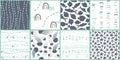 Set of cute abstract pastel green brown blue white seamless patterns. Ocean and sea simple underwater topic: jellyfish, fish, Royalty Free Stock Photo