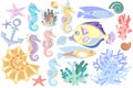 Set of cute abstract sea horses, fish, starfish, colorful coral and seashell. Pastel color. Sea collection. Cartoon style Royalty Free Stock Photo