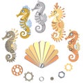 Set of cute abstract sea horses. with shell, gear wheels, metal part, nails. Mechanical metal seahorse. Steampunk style. Cartoon