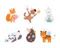 Set of cute adorable animals celebrating birthday set. Amusing fox, puppy, bear, panda, hedgehog, tiger at party hats