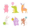 Set of cute adorable animals celebrating birthday set. Amusing piglet, crocodile, deer, bunny, hippo, monkey at party