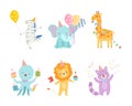 Set of cute adorable animals celebrating birthday set. Amusing zebra, elephant, giraffe, octopus, lion, cat at party