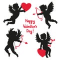 Set of cute angels. Silhouette of Cupids.