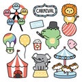 Set of cute animal in amusement park and carnival concept.Farris wheel.Balloon.Lion Royalty Free Stock Photo