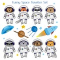 Set of cute animal astronauts, rocket, satellite, UFO and stars