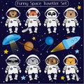 Set of cute animal astronauts, rocket satellite UFO stars cosmos
