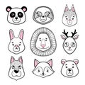 Set of cute animal faces black, white. panda, sloth, squirrel, bunny, lion, deer, dog, fox, bear. scandinavian style. design holid Royalty Free Stock Photo