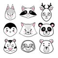 Set of cute animal faces black, white. panda, sloth, squirrel, raccoon, penguin, kitty, tiger deer, bear in scandinavian style. de Royalty Free Stock Photo
