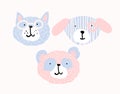 Set of cute animal faces in pastel colors. Portrait of a cat, puppy, panda in a flat style. Naive pet character. Sticker Royalty Free Stock Photo