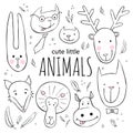 Set of cute animal faces. Vector sketch style doodle illustration.