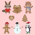 Set of cute animal, gingerbread cartoon christmas character illustration