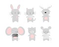 Set of cute animal kids. Elephant, bunny, mouse, deer, cat, bear. Characters for postcards, children s, children s Royalty Free Stock Photo