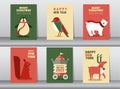 Set of cute animal on Merry christmas and happy new year background, handwritten,template,greeting card, Vector illustrations. Royalty Free Stock Photo