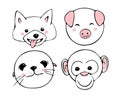 Set of cute animal monkey, dog, seal and pig drawn in doodle style. Vector illustration for printing postcards, invitations to a