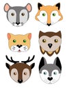 A set of cute animal muzzles. Children`s illustration - funny animals. Mouse, Dog, Cat, Deer, Owl, Fox.