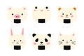 Set cute animal onigiri with smiling face and pink cheeks. Pig, frog, bear, rabbit, panda, cat character. Kawaii onigiri
