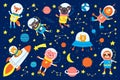 Set of cute animals astronauts, rockets, satellite, UFO, stars in space, vector illustrations in cartoon style. Cartoon animal Royalty Free Stock Photo