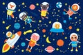 Set of cute animals astronauts, rockets, satellite, UFO, stars in space, vector illustrations in cartoon style.