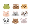 Set of cute animals face. Funny doodle animals. Frog, bear, tiger, pig, cat, dog, panda, beaver and rabbit vector