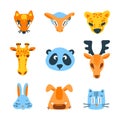 Set of cute animals face. Zoo funny collection. Hand drawn flat style Royalty Free Stock Photo