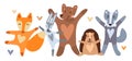 Set of cute animals: fox, hare, wolf, bear, hedgehog. The animals are having fun, jumping and dancing. Friendship of wild forest