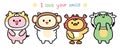 Set of cute animals in funny head costume with I love your smile text