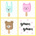 Set of cute animals ice cream Eskimo. Hand-written inscription yum-yum.