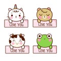 Set of cute animals labels cartoon, Kawaii unicorn cat vector, cow, bear, frog: Sweet characters, pastel color Illustration