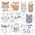 Set with cute animals, numbers and dsign Elements. Kids party. Hand drawn style. Vector