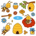 Set of cute animals and objects, vector family of bees
