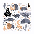 Set of cute animals and plants of America. Decorative handmade poster for print. Isolated icons in scandinavian style