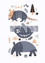 Set of cute animals and plants of America. Decorative handmade poster for print. Isolated icons in scandinavian style