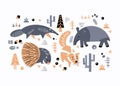 Set of cute animals and plants of America. Decorative handmade poster for print. Isolated icons in scandinavian style