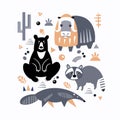 Set of cute animals and plants of America. Decorative handmade poster for print. Isolated icons in scandinavian style