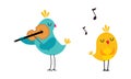 Set of cute animals playing musical instruments. Birdies playing violin and singing cartoon vector illustration