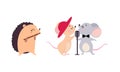 Set of cute animals playing musical instruments set. Hedgehog playing flute and mice singing with microphone cartoon