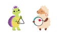 Set of cute animals playing musical instruments set. Turtle and sheep playing triangle and drum cartoon vector