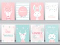 Set of cute animals poster,greeting cards, podters,template,cards,reindeers,rabbits,baby shower,birthday,Vector illustrations