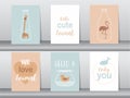 Set of cute animals poster,template,cards, elephant,bird,giraffe,zoo,Vector illustrations.