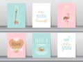 Set of cute animals poster,template,cards,elephant,bird,giraffe,zoo, Vector illustrations.