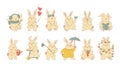 Set of cute animals rabbits character isolated on white background. Bundle of funny bunnies with glasses, scarf, heart, book