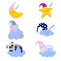 A set of cute animals sleeping in the clouds, a sleeping moon and a star. Cartoon character. Lullaby theme.