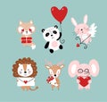 Set of cute animals for Valentine s Day. Elephant, panda, bunny with a heart. Romantic vector illustration isolated on