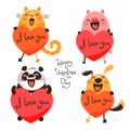 Set of cute animals with valentines. Funny cat, pig, panda and dog confess I love you. Isolated vector illustration for Royalty Free Stock Photo