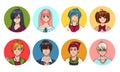 Set of cute anime characters avatar. Cartoon girls and boys portraits. Colorful hand drawn illustration collection.