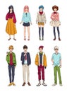 Set of cute anime characters. Cartoon girls and boys. Colorful hand drawn illustration collection.