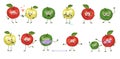 Set of cute apple characters with emotions, faces, arms and legs. Funny or sad characters, fruits play, fall in love Royalty Free Stock Photo