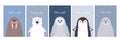 Set of cute arctic animals in cartoon style. snowy owl, penguin, walrus, fur seal and polar bear Royalty Free Stock Photo