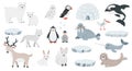 Set of cute arctic animals in flat cartoon style. Wild polar fauna design elements for printing, poster, card. Royalty Free Stock Photo