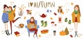 Set of cute autumn animals, plants, food and sweets, girls, women